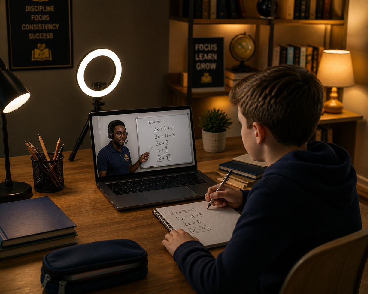 A student following a live online Brave Heart lesson and taking notes